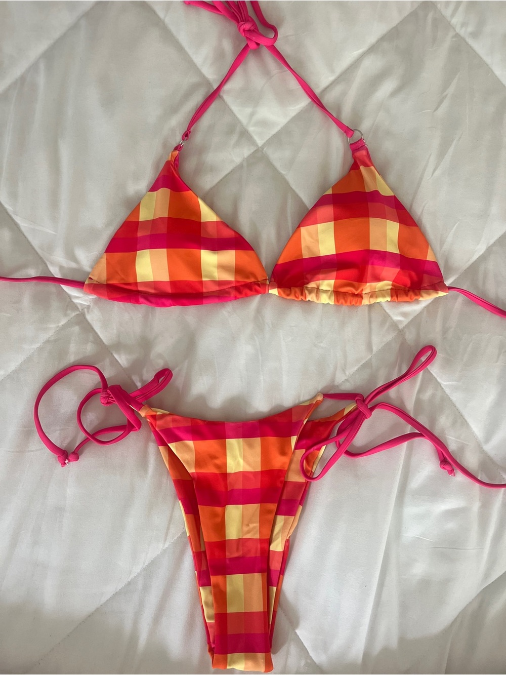 Womens Pink & Orange Plaid Triangle Bikini